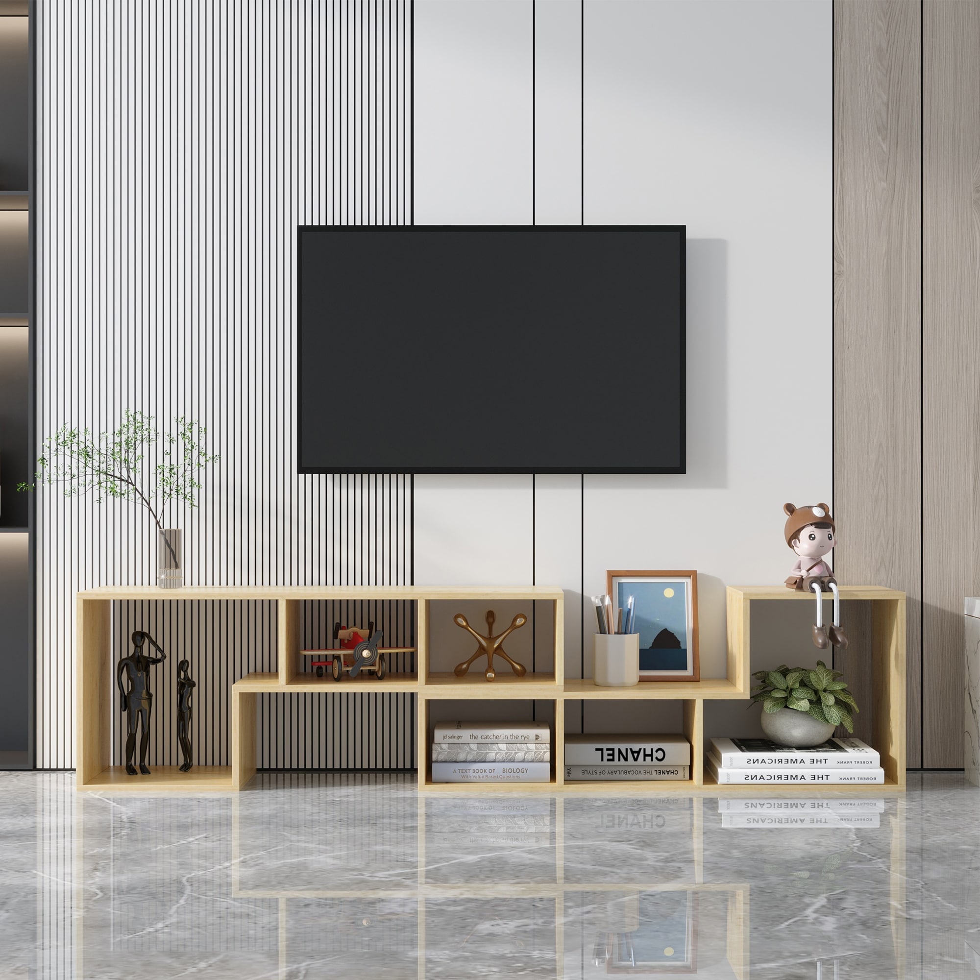Double L-shaped Tv Stand  Display Shelf  Bookcase  Extendable and Twistable Tv Cabinet With Open Shelves For Home Living Room