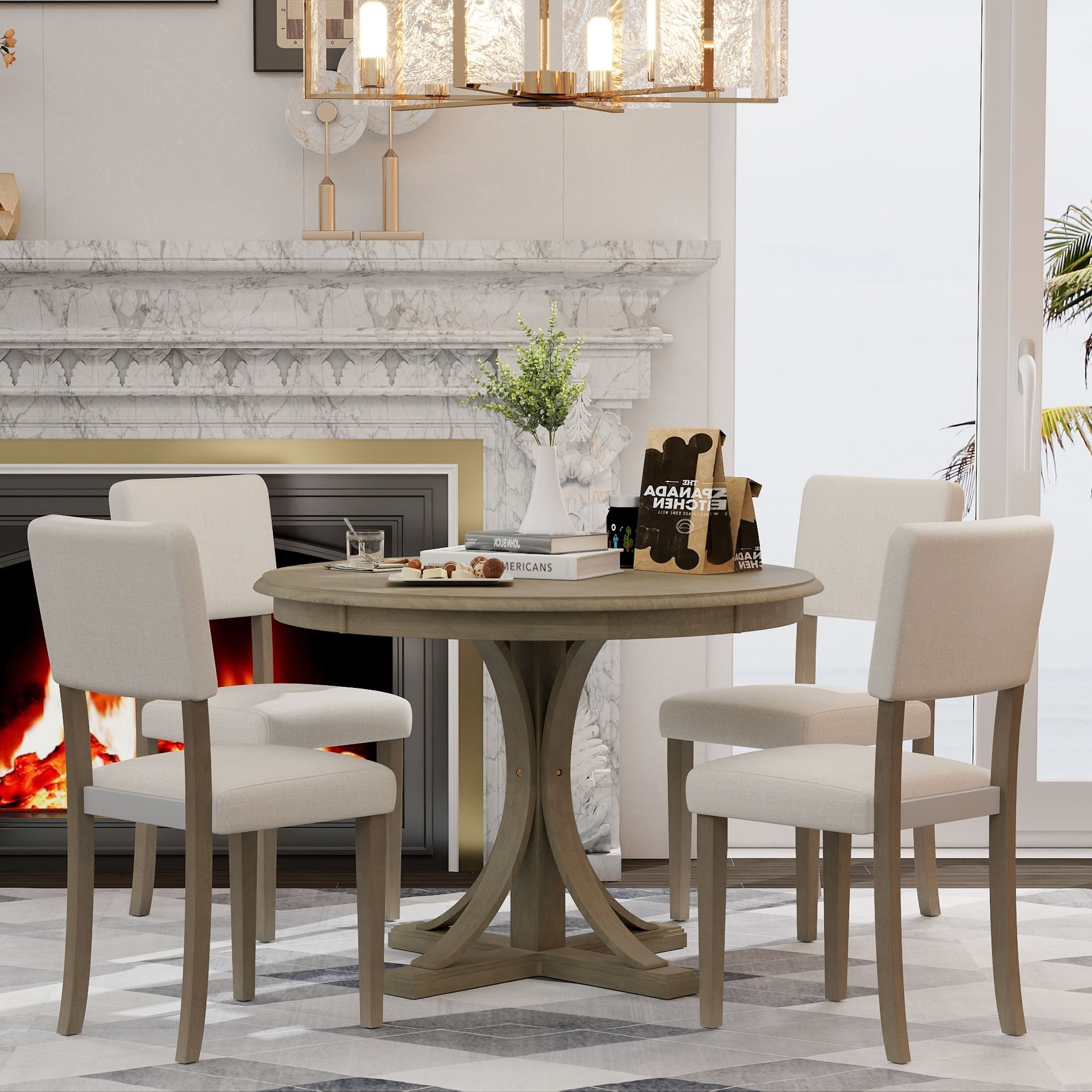 Taupe Retro Round Dining Table Set  5-piece With Curved Trestle Style Table Legs And 4 Upholstered Chairs For Dining Room