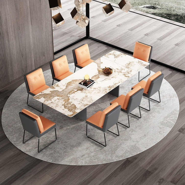 8-person Extendable 63 To 94.5 Dining Set rectangular Sintered Stone Top  Stainless Steel Legs (1 Table 6 Orange Chairs)