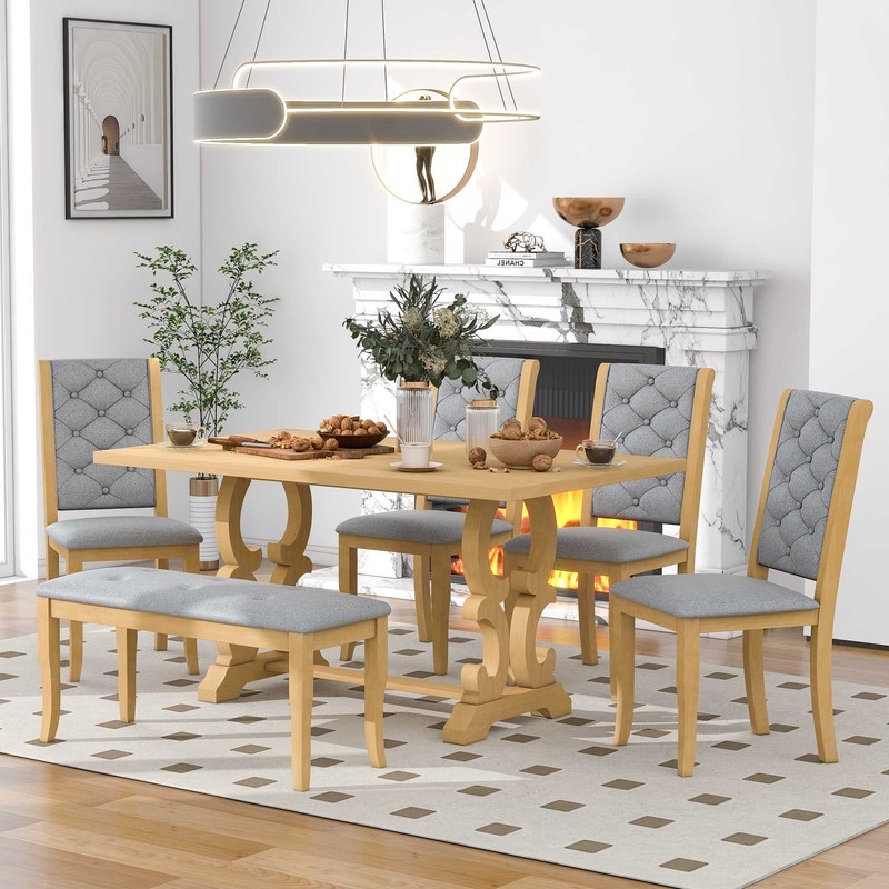 6-piece Wooden Dining Table Set With Upholstered Bench And 4 Dining Chairs  Retro Kitchen Table Set For Home Kitchen Dining Room