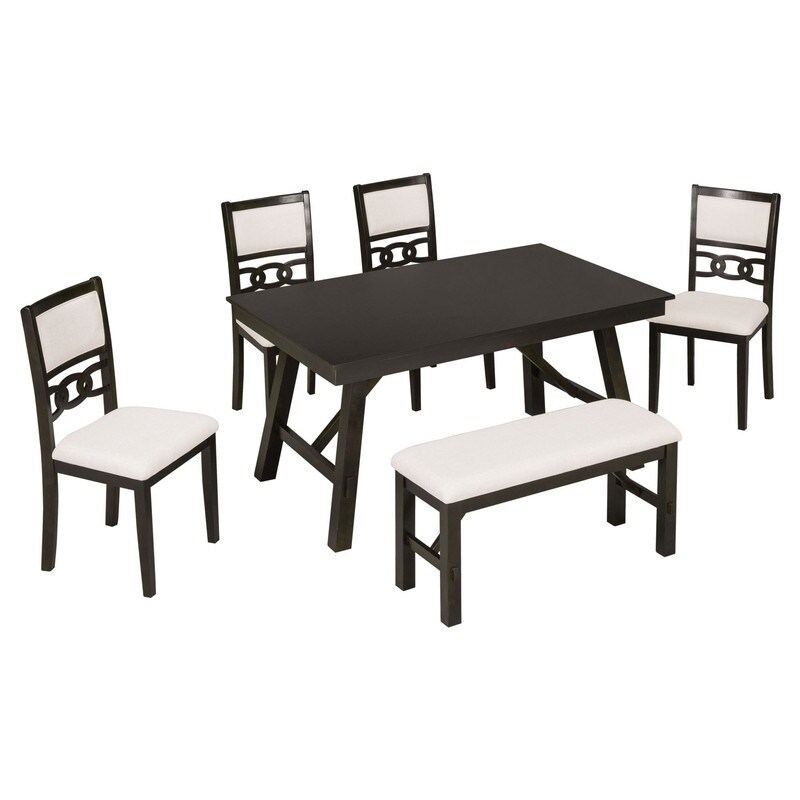 Solid Wood 6-piece Dining Table Set Rectangular With Upholstered Chairs And Bench