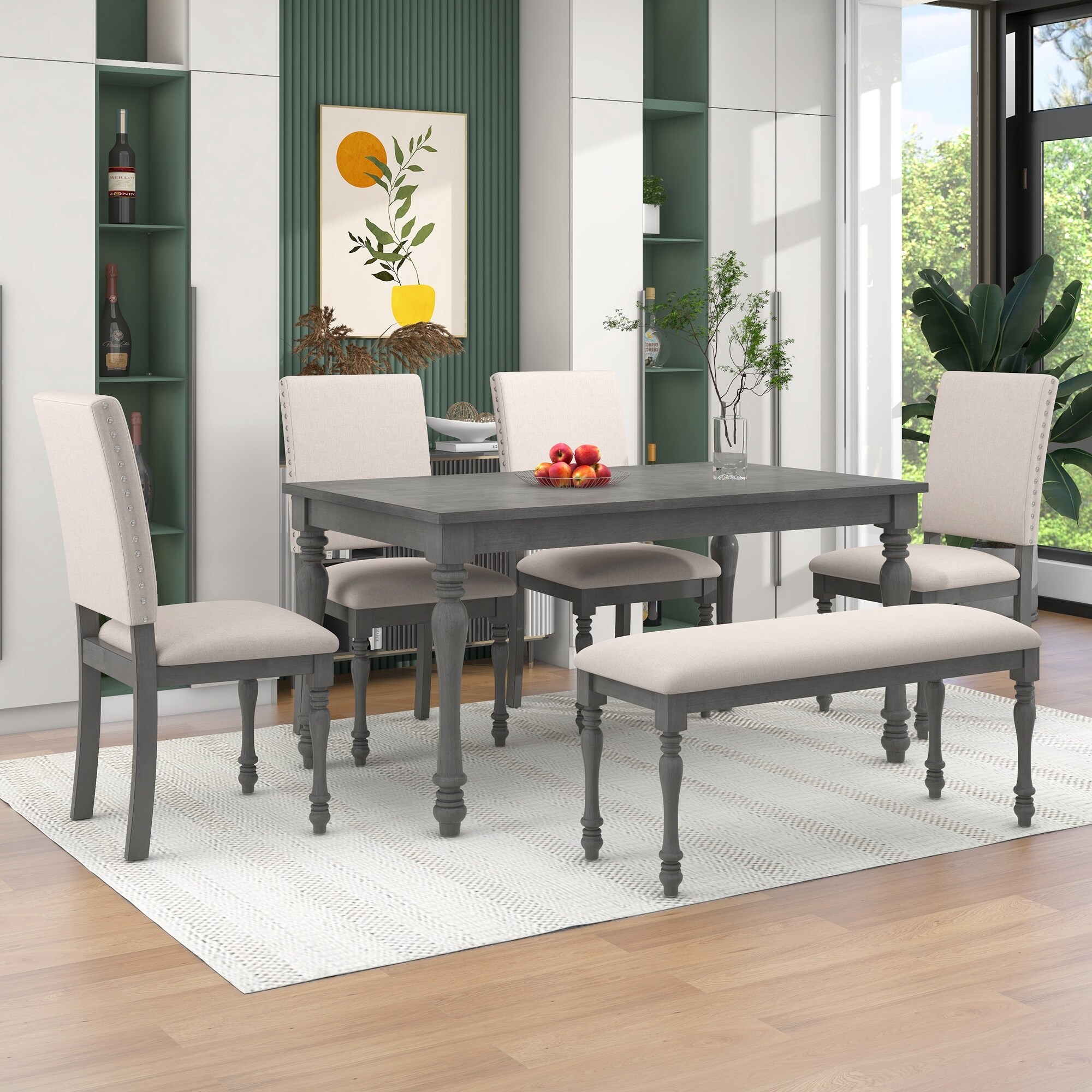 6-piece Wood Dining Table Set With Turned Legs  Upholstered Chairs