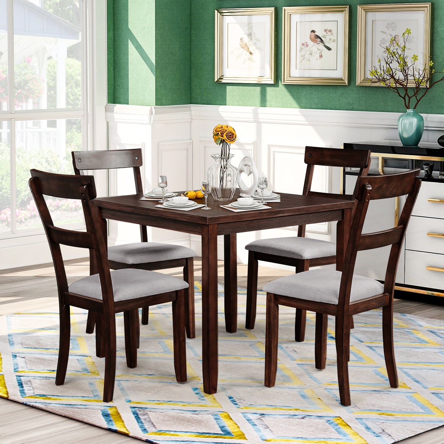 5-piece Industrial Wood Compact Kitchen Dining Table Set With 4 Padded Chairs