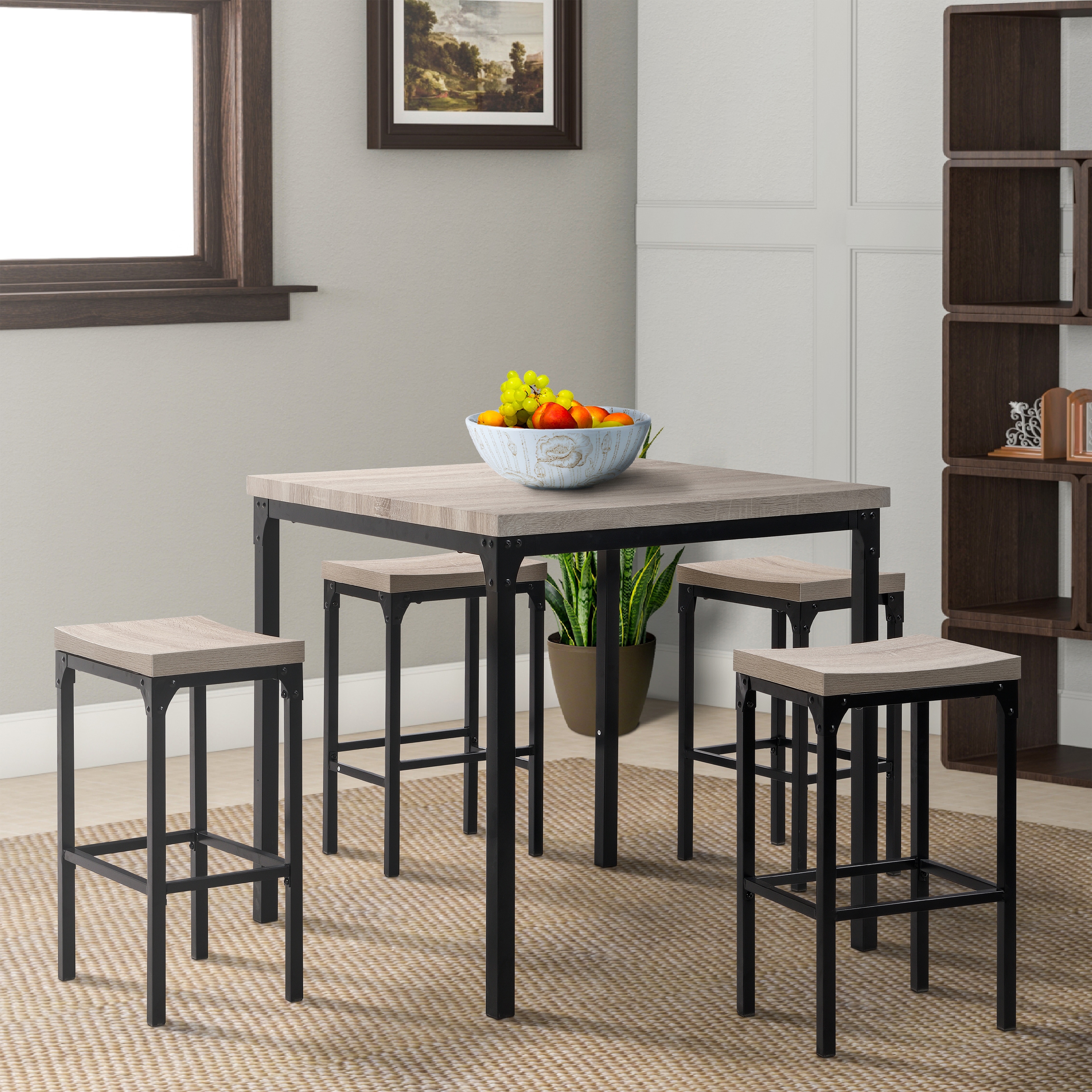 Modern 5 Pieces Metal Dining Set Square Dining Table And 4 Counter Height Stools For Dining Room