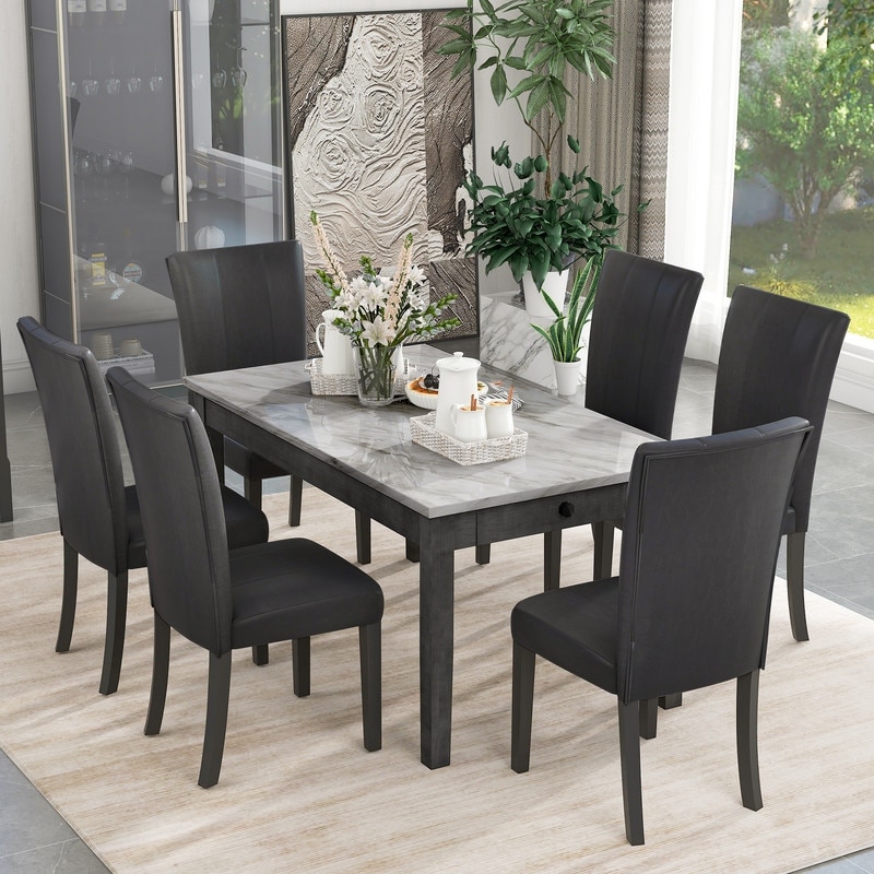 7-piece Dining Table Set With 2 Drawers  Faux Marble Dining Table And 6 Pu-leather Chairs Set