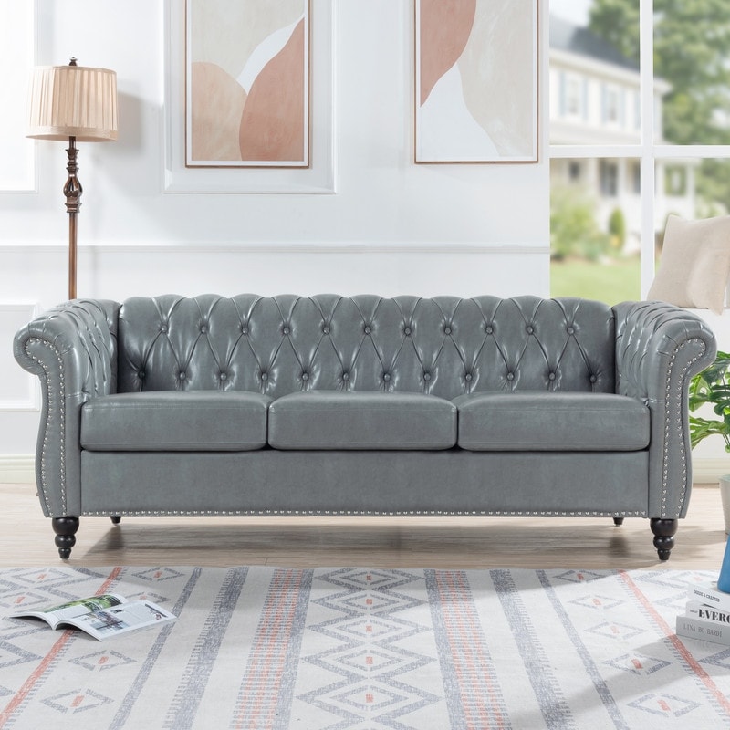 Chesterfield Sofa Pu Leather  Modern Tufted Couch 3 Seater With Rolled Arms And Nailhead