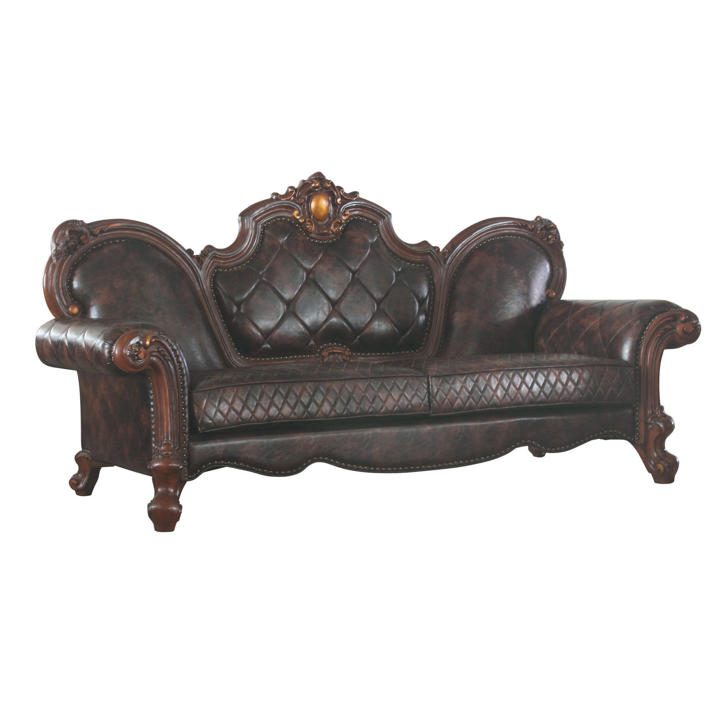 Leatherette Sofa With Diamond Stitching And Carved Details  Dark Brown