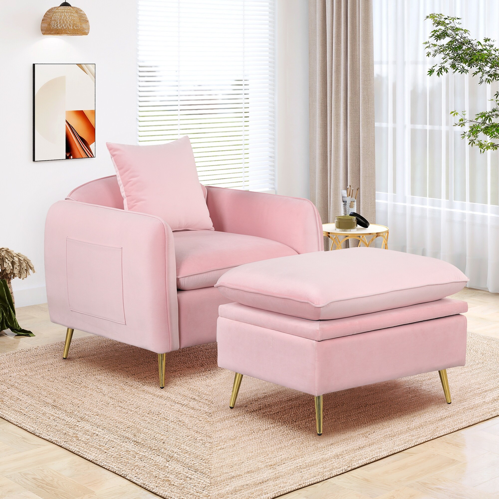 35.2 Velvet Upholstered Single Sofa With Storge Ottoman  Bolster Pillows And Side Pocket For Living Room  Bed Room