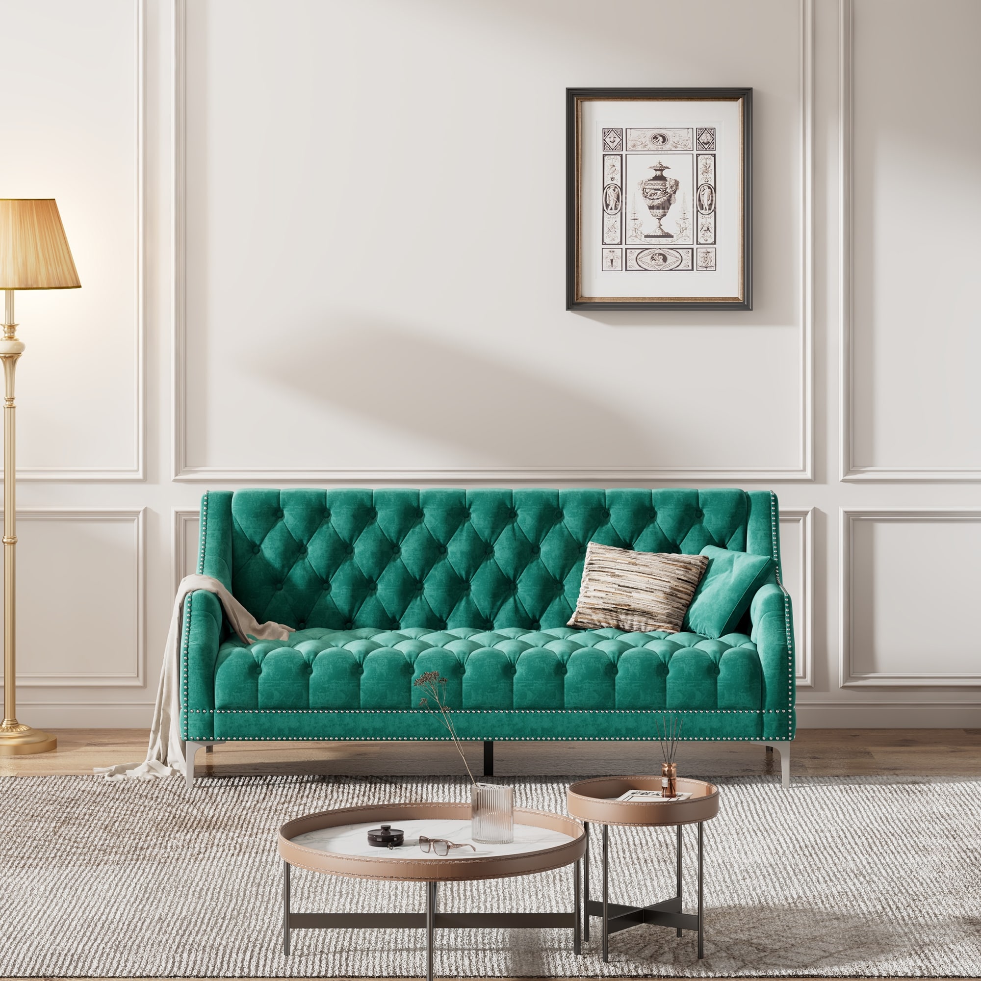 3-seater Sofa Dutch Plush Upholstered Sofa With Buttoned Tufted Backrest And Sloped Arms Nailhead Trim Design  Metal Legs