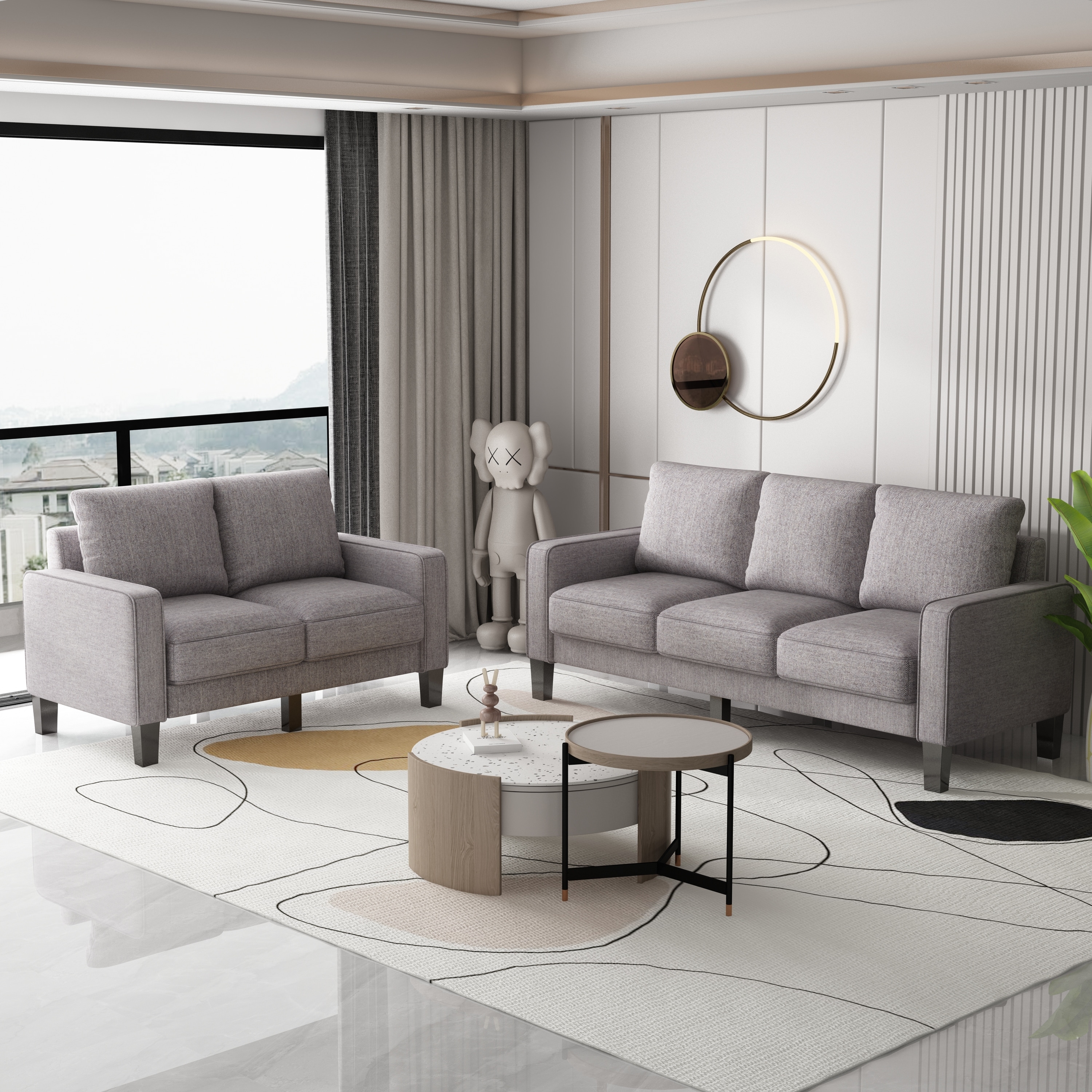 2 Pieces Nordic Style Sofa Set Living Room Sofa  Loveseat And 3 Seats Couch With Storage Design and Removable Cushions