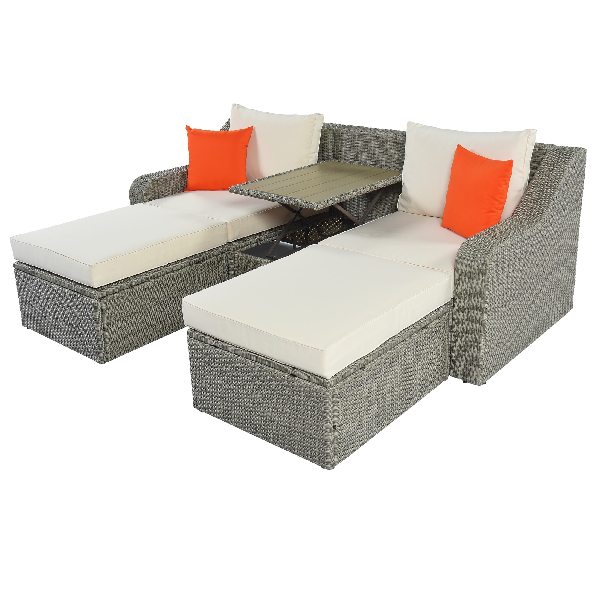 Patio Furniture Sets  3-piece Patio Wicker Sofa With Cushions  Ottomans And Lift Top Coffee Table