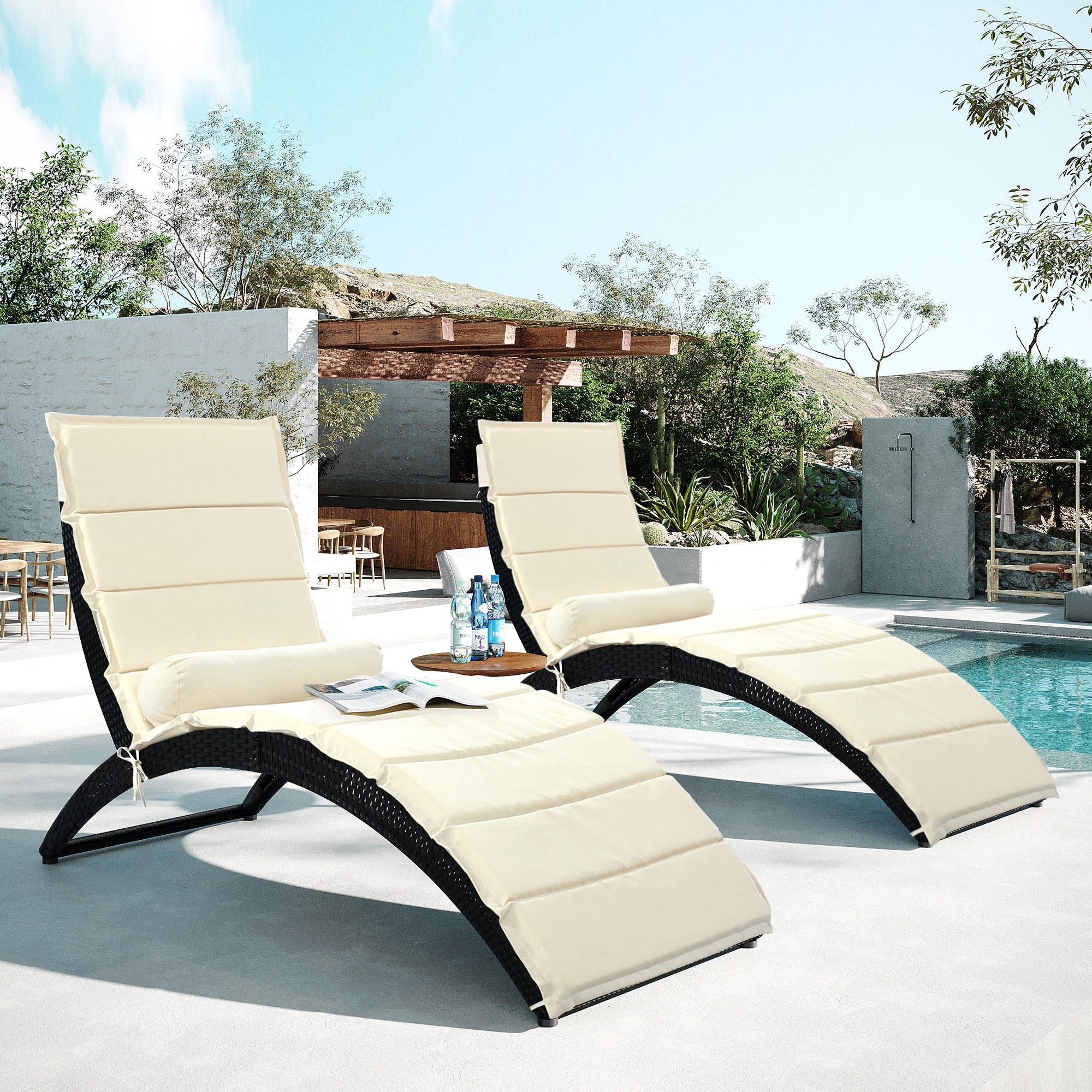 Patio Wicker Sun Lounger  Pe Rattan Foldable Chaise Lounger With Removable Cushion And Bolster Pillow