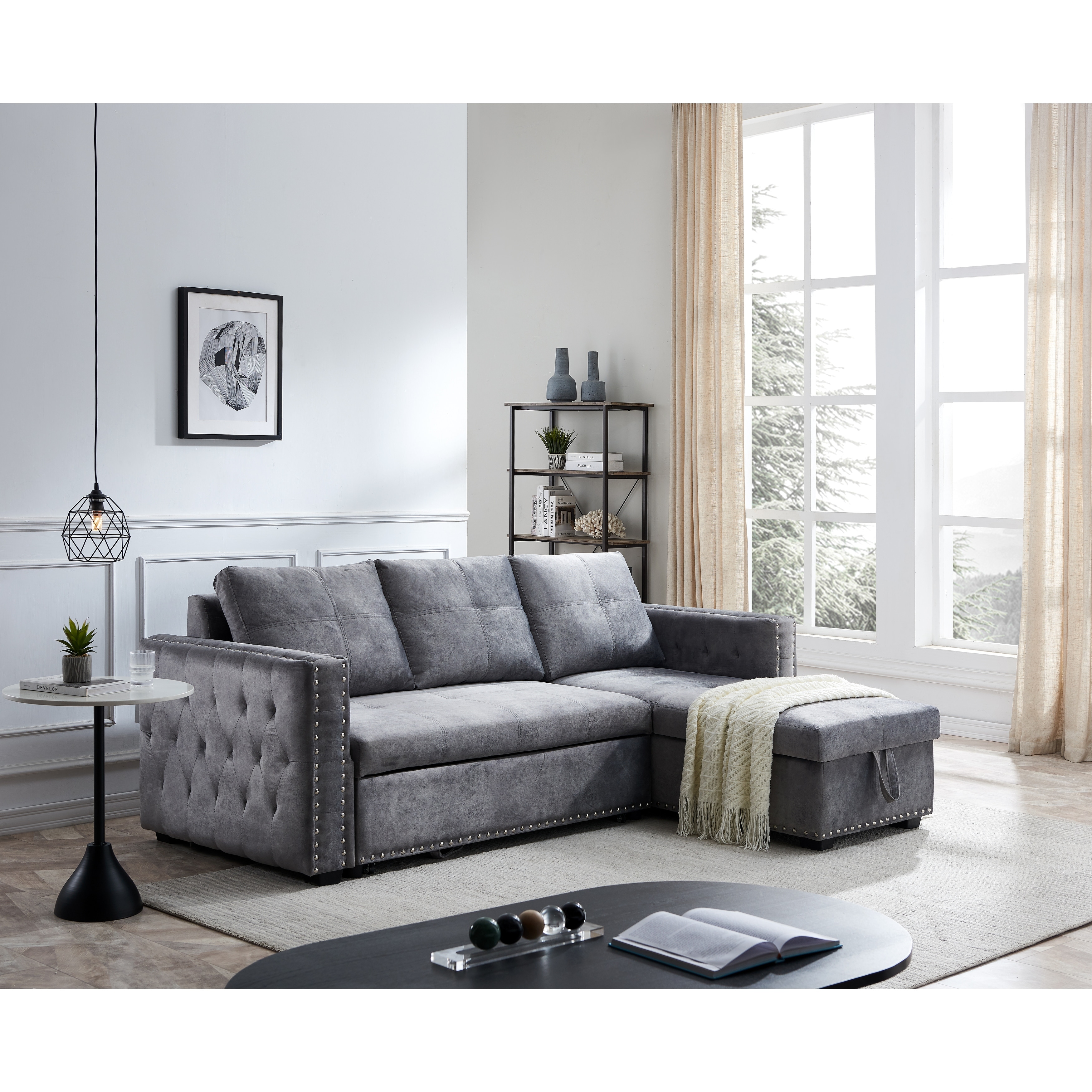 Sectional Sofa With Pulled Out Bed  2 Seats Sofa And Reversible Chaise With Storage  Both Hands With Copper Nail  Grey