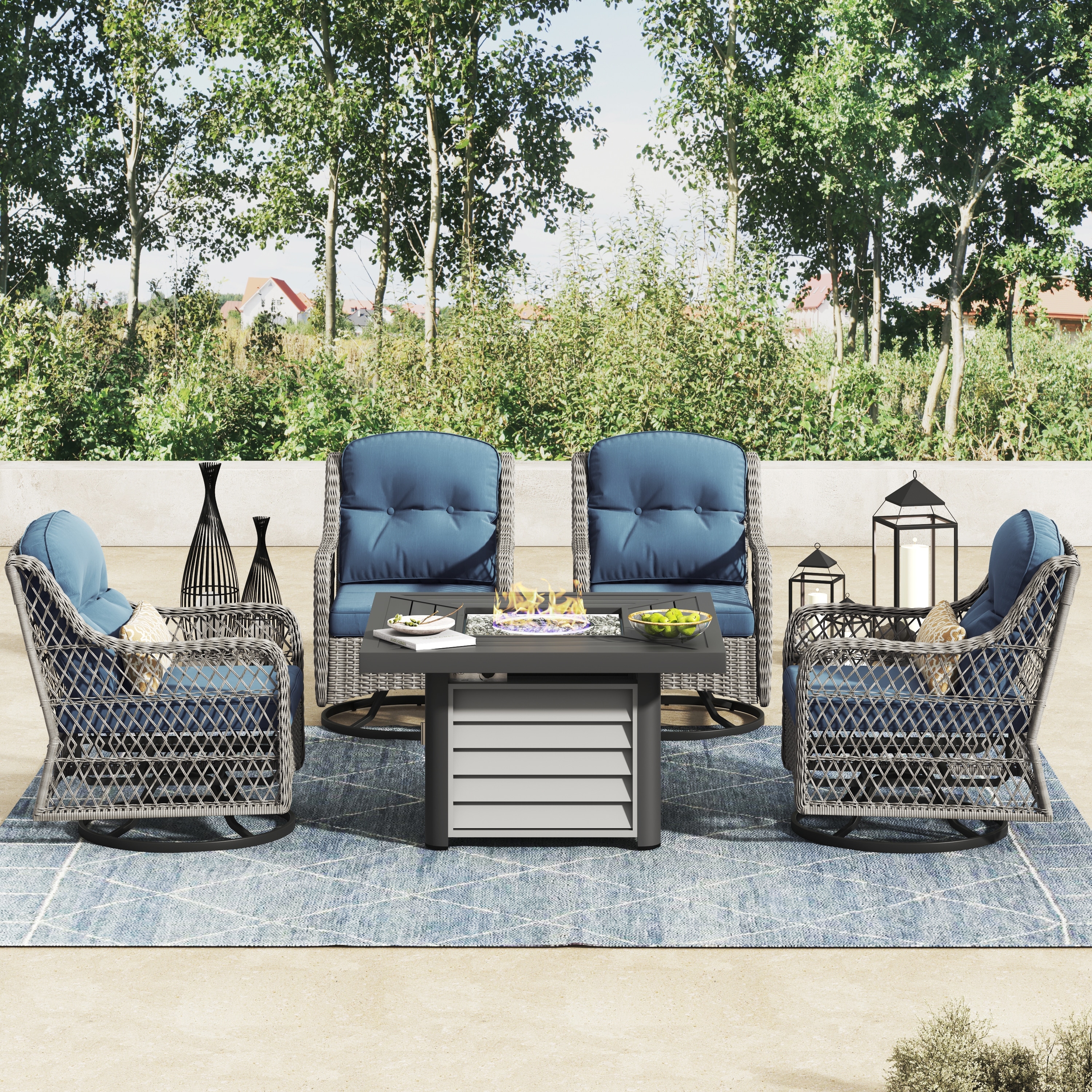 Corvus Vasconia 5pc Outdoor Resin Wicker Swivel Chat Set With Fire Table