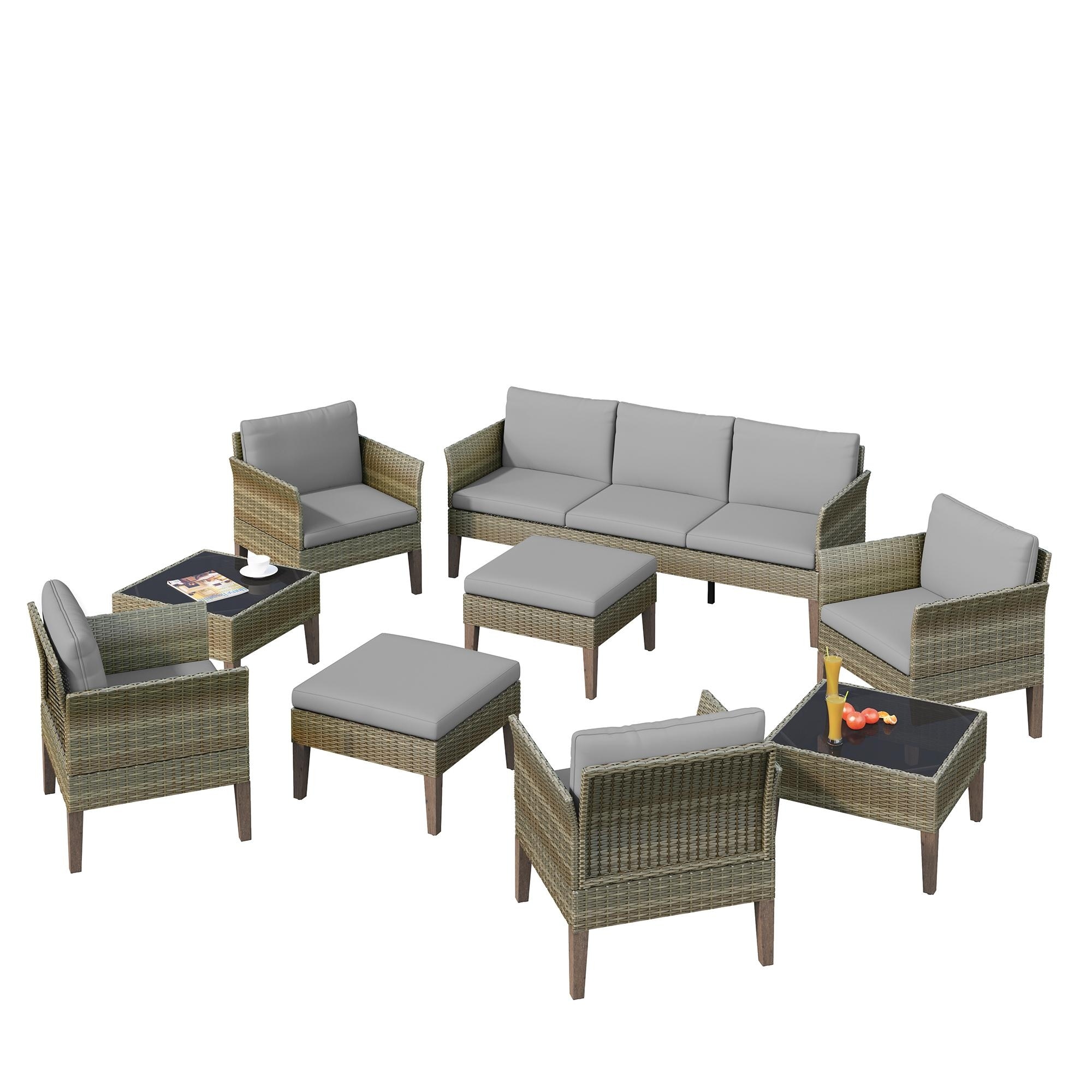 Isla 9-piece Outdoor Conversation Set With Sofa And Club Chairs In Mixed Brown Wicker