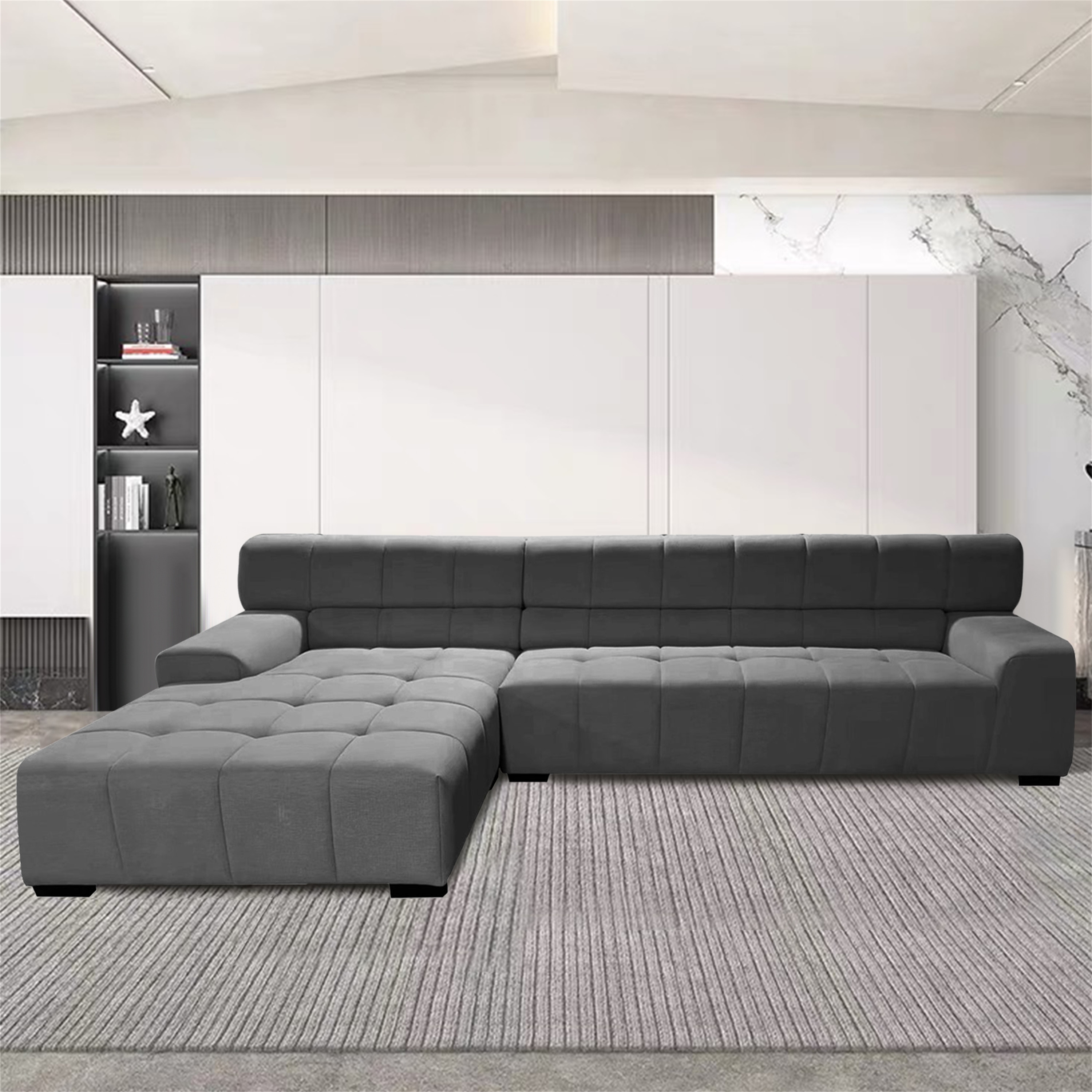 Modern Deep Channel Tufted L-shape Sectional Sofa In Fabric - 126wx39dx31h