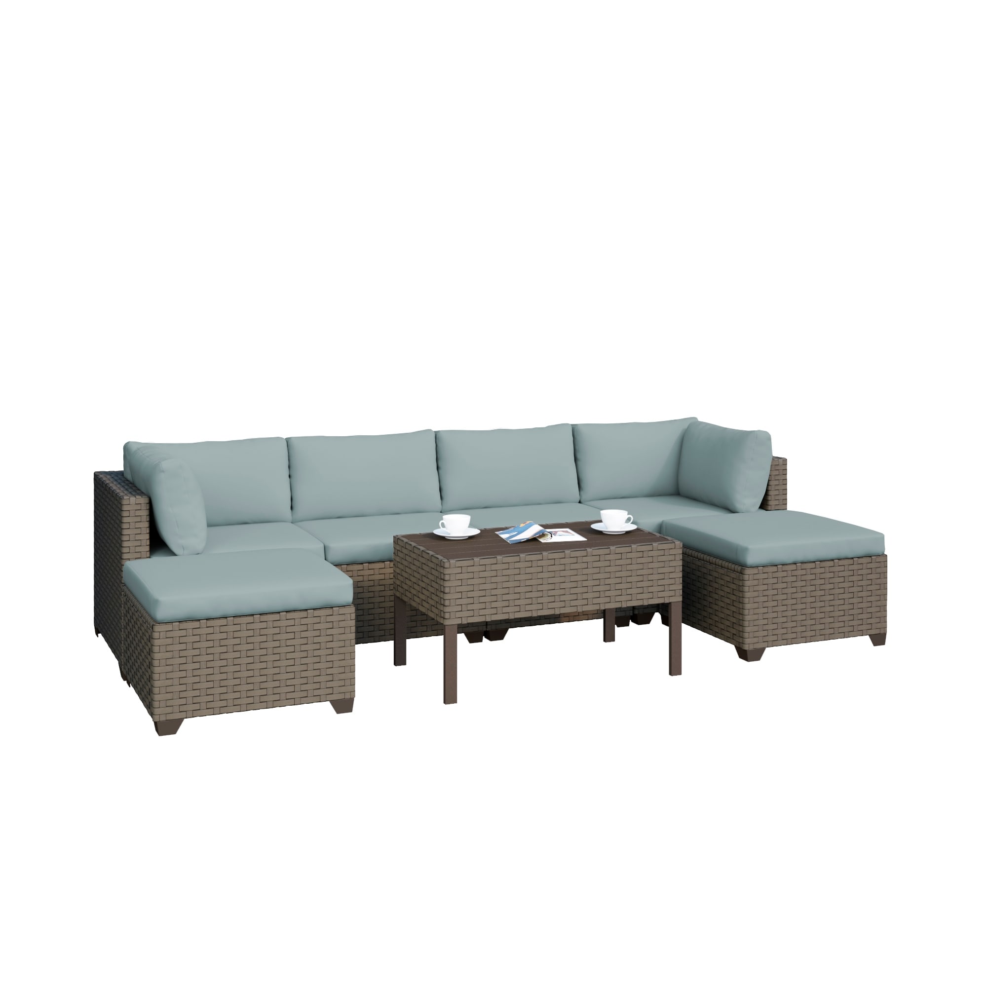 Keys 7-piece Outdoor Conversation Set With Two Ottomans And Coffee Table In Summer Fog Wicker
