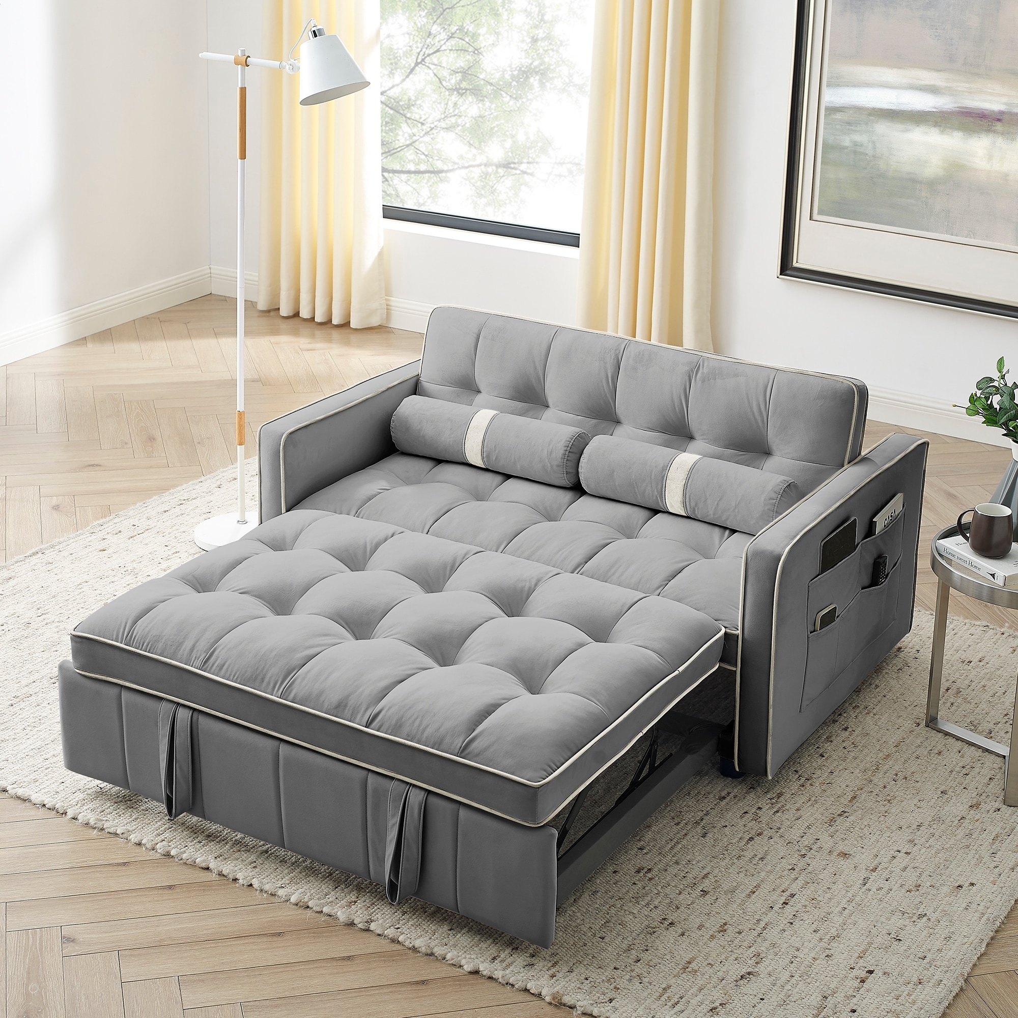 55.5 Pull Out Sofa Bed  2 Seater Loveseats Sofa Couch With Side Pockets  Adjsutable Backrest And Lumbar Pillows