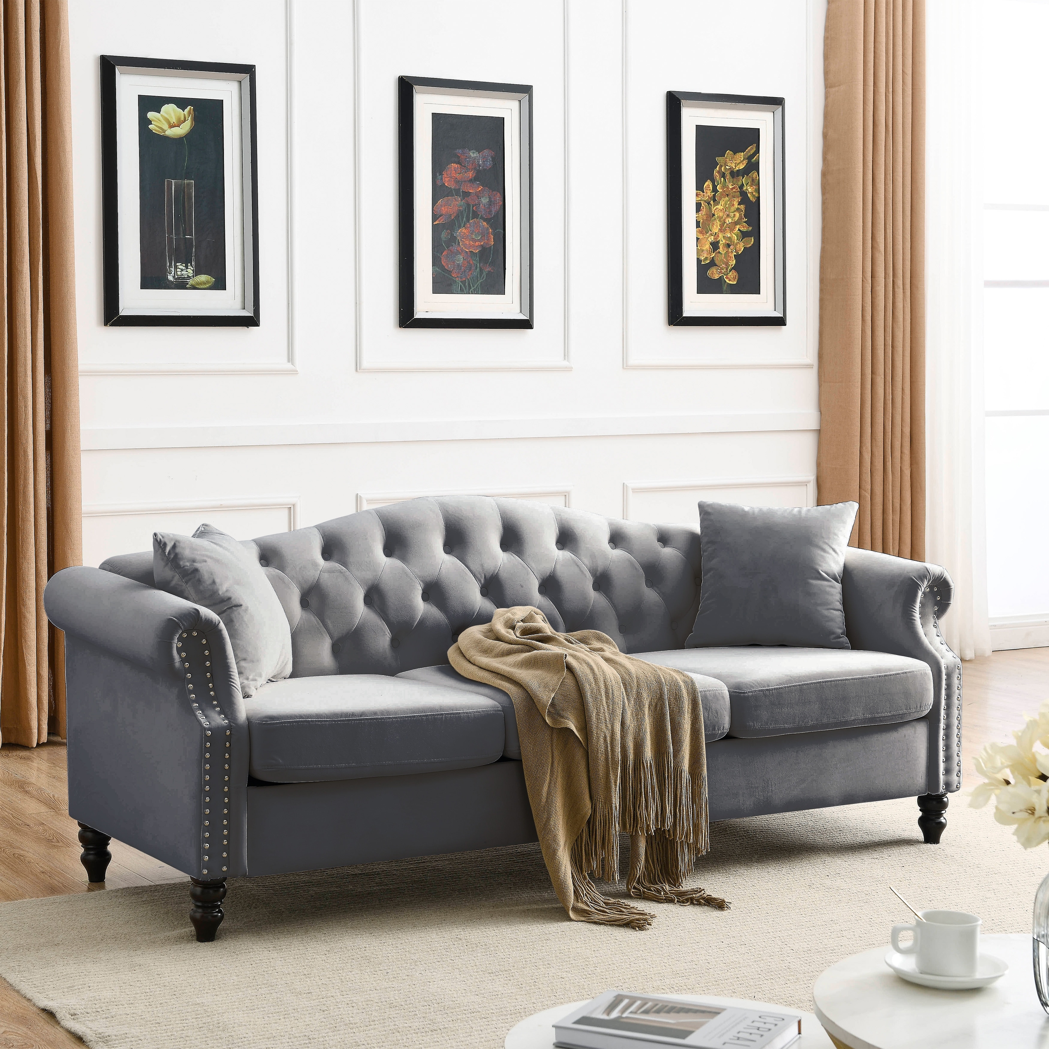 79 Chesterfield Sofa  3 Seater Velvet Upholstered Sofa Tufted Couch