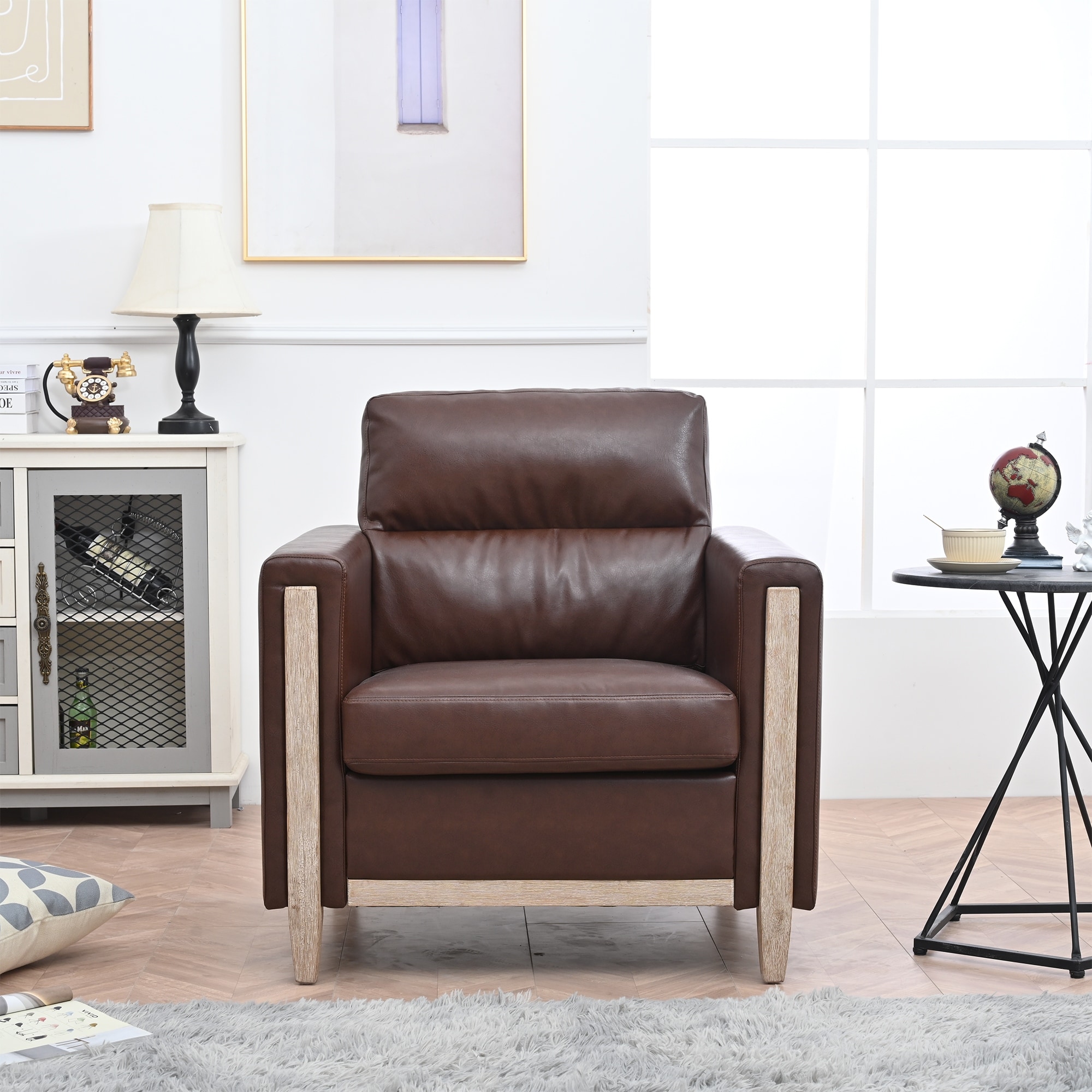 One Seater Leather Upholstered Sofa Chair  Modern Home Leisure Single Seating With Seat Cushion And Imported Rubber Wood Legs