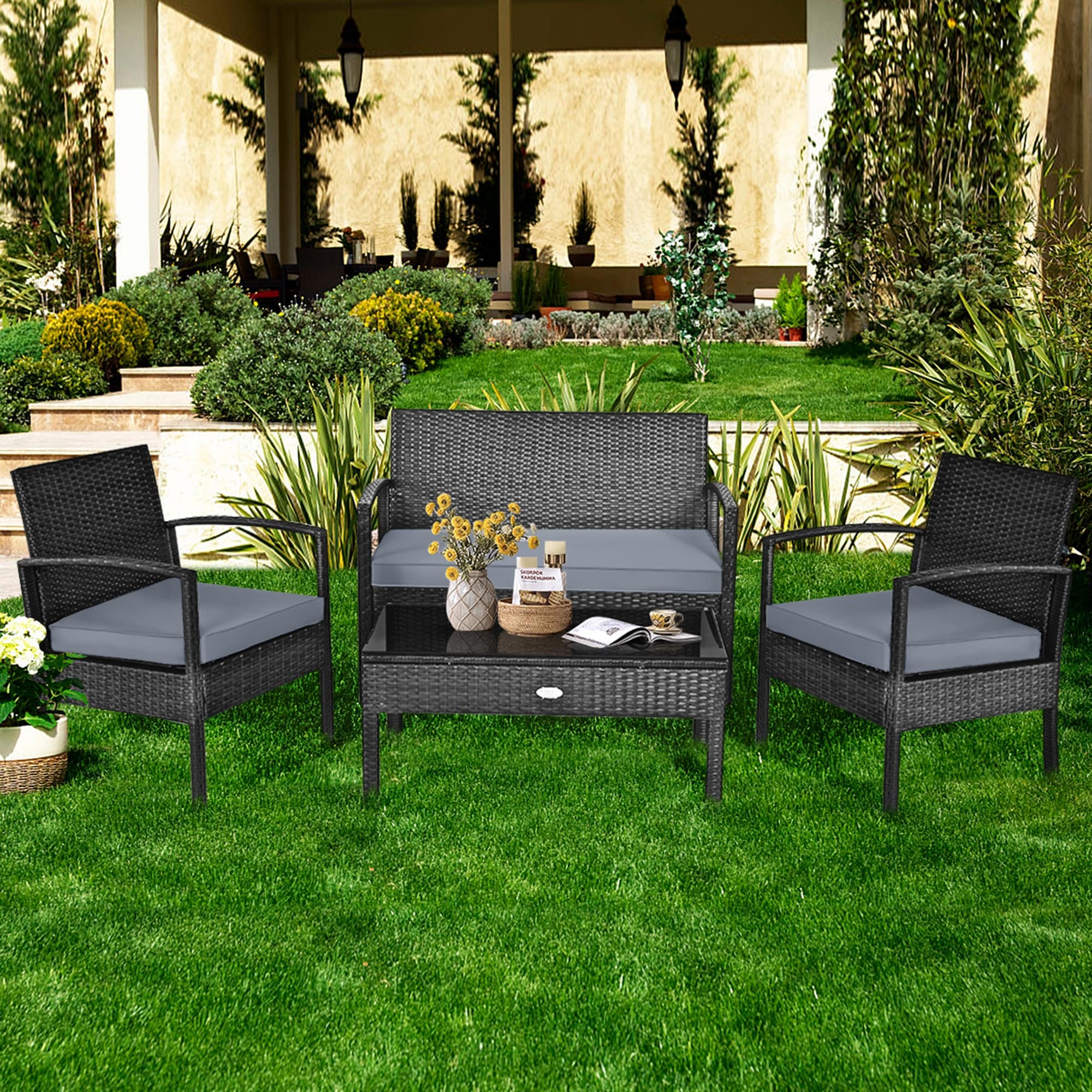 Gymax Patio Garden 4pc Rattan Wicker Furniture Set Black - 4-piece Sets