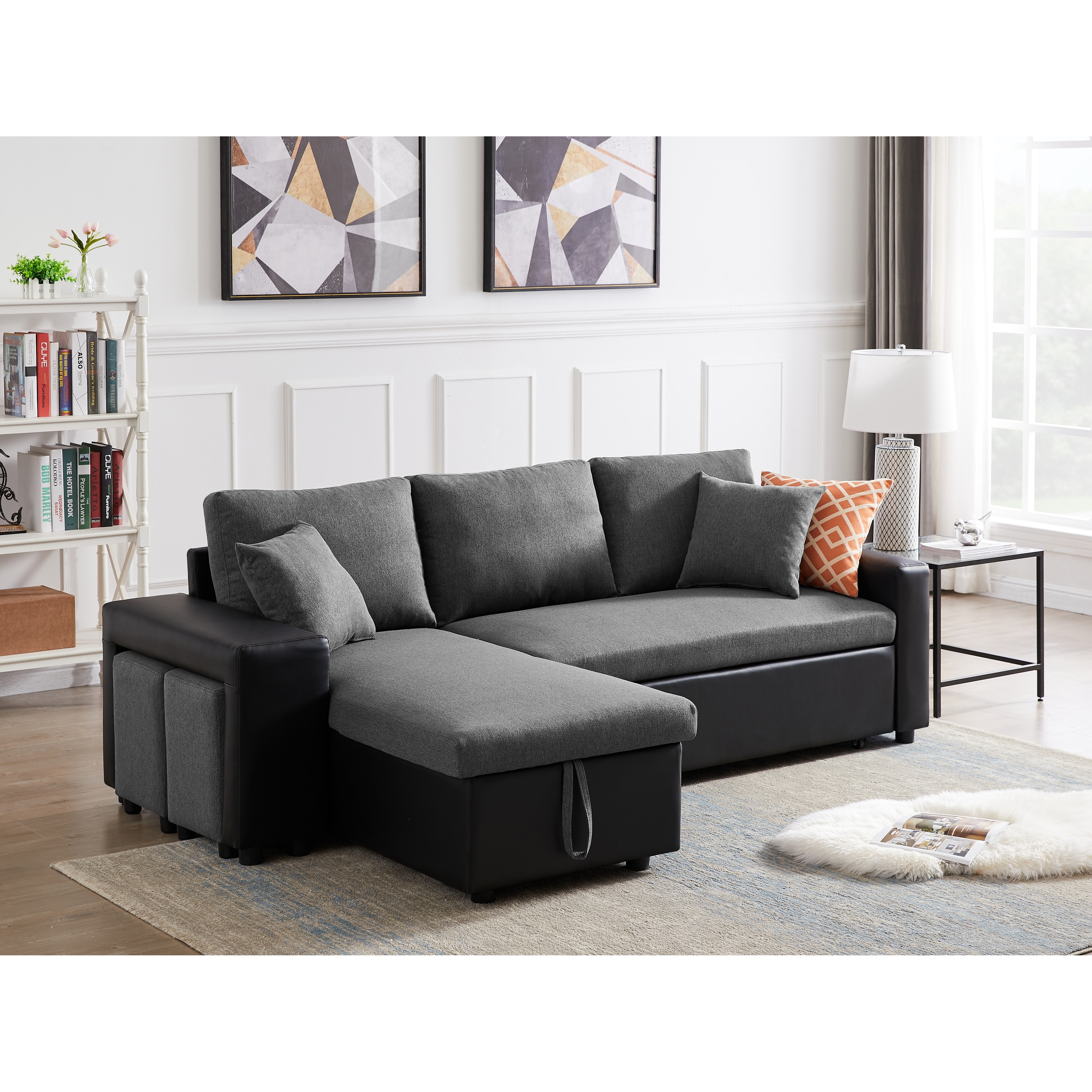 Pu And Fabric Cover Reversible Chaise Sleeper Sectional Sofa With Storage And 2 Stools
