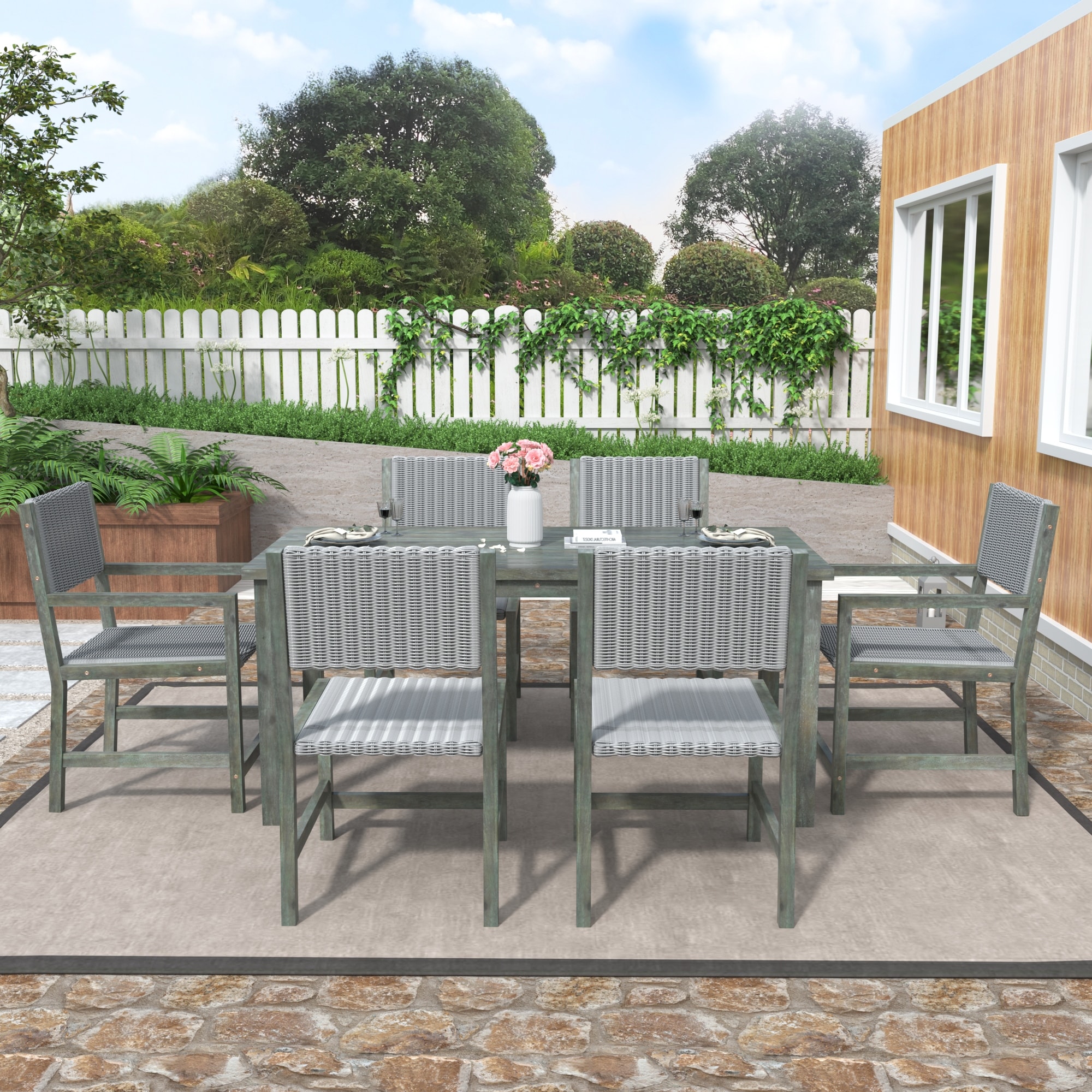 Outdoor Dining Table And Chairs Sets With Acacia Wood And Rattan Frame