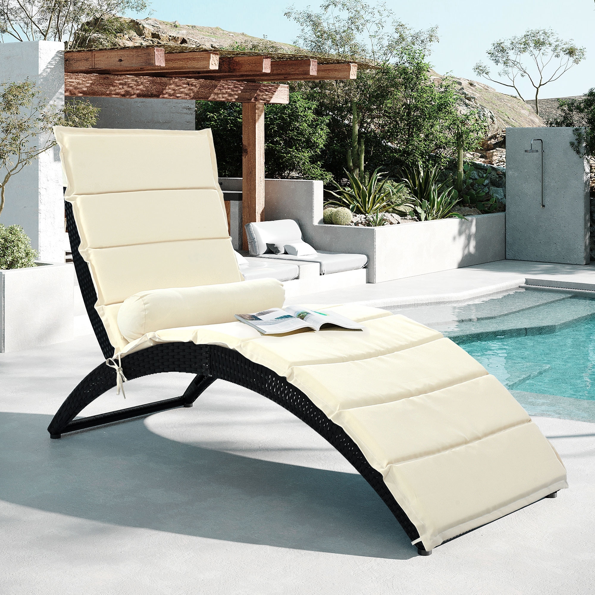 3 Piece Patio Sun Lounger Pe Rattan Foldable Chaise Lounger With Removablesoft Polyester Cushio and Long Pillow Amd Steel Frame