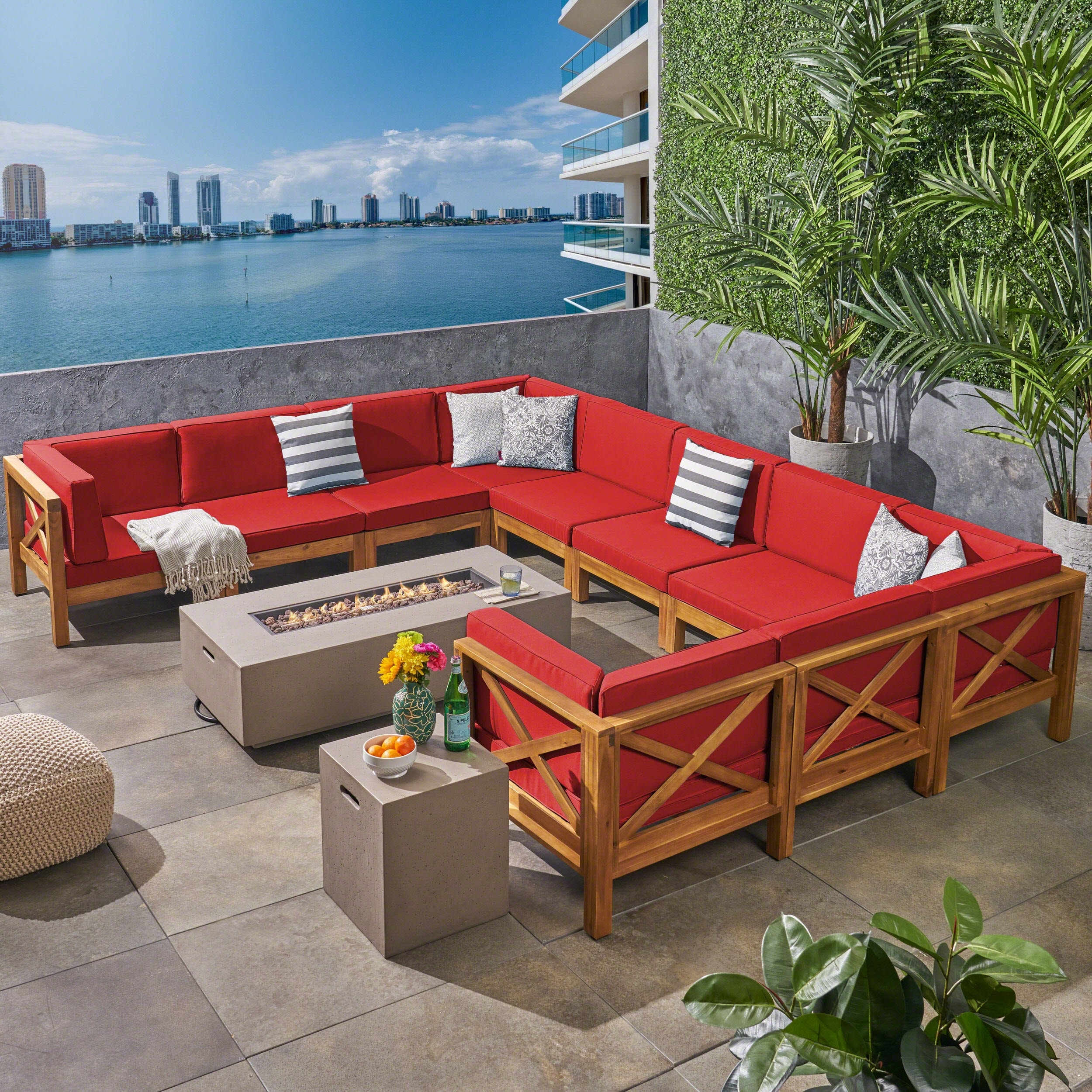 Brava Outdoor Acacia Sectional Fire Pit Set By Christopher Knight Home
