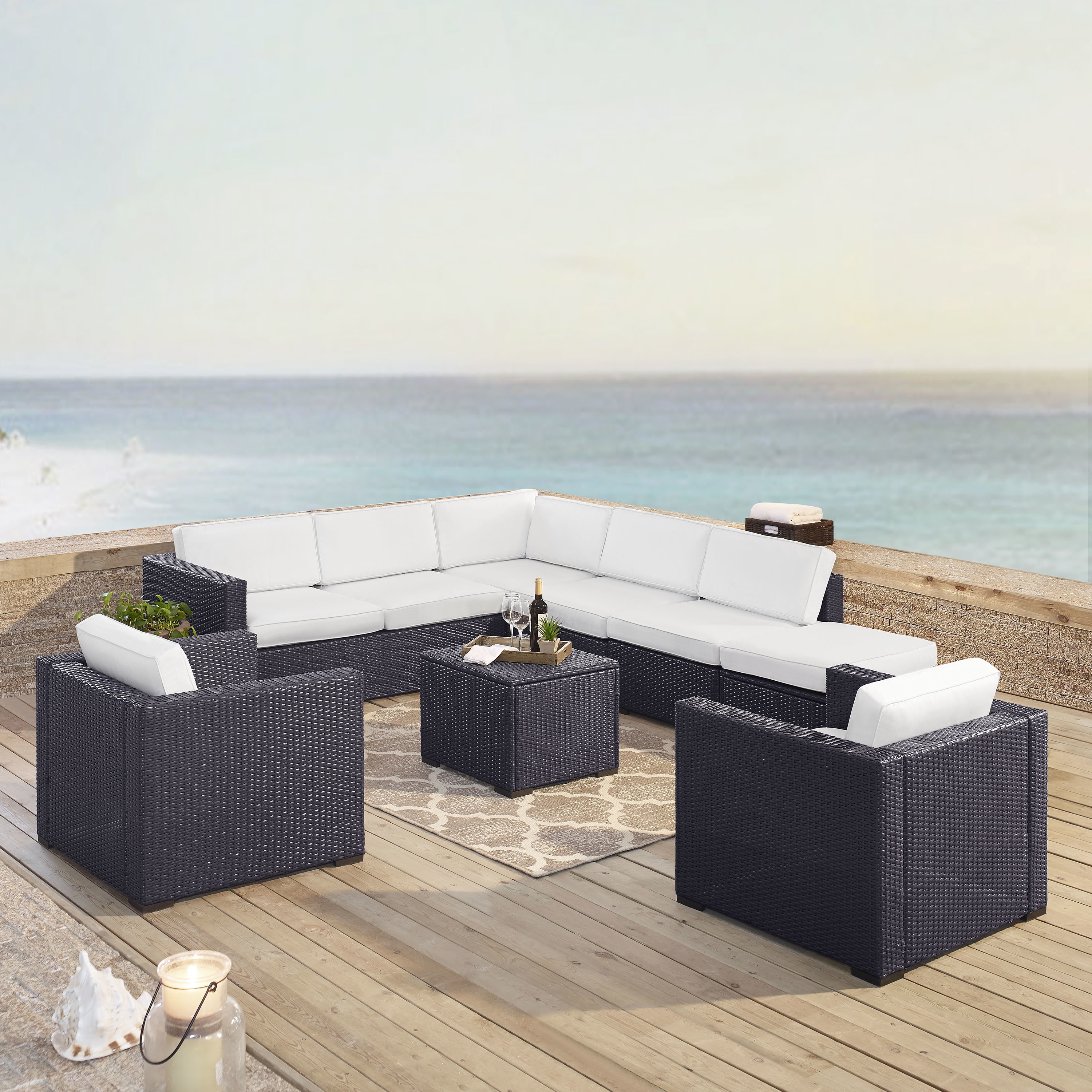 Biscayne Brown 7-piece Outdoor Wicker Seating Set With White Cushions